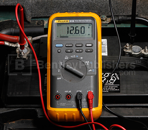 Battery voltage should be about 12.6 V DC with the engine off (Chapter 2, "Battery")